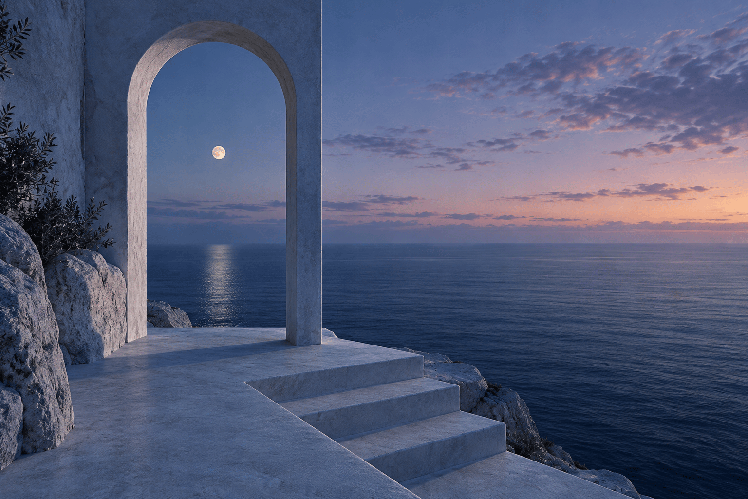 A moonlit archway overlooking a calm blue sea and a soft lavender sky