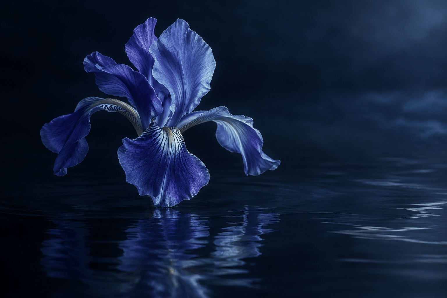 A blue iris flower over still water, lit by a delicate blue glow